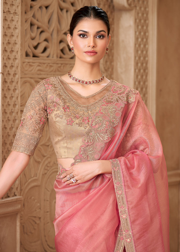 Buy Designer Style Coral Embroidered Wedding Saree Online in US, UK, Canada, France, Germany, Denmark, Belgium, Sweden, Spain, Qatar & Worldwide at Empress.