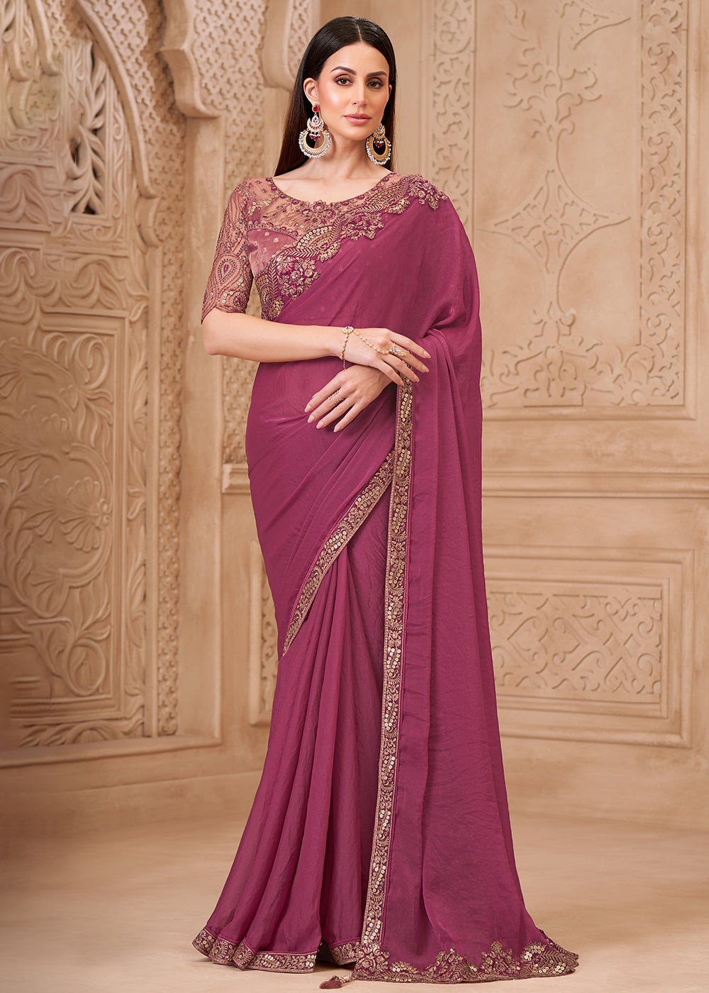 Buy Designer Style Rouge Pink Embroidered Wedding Saree Online in US, UK, Canada, France, Germany, Denmark, Belgium, Sweden, Spain, Qatar & Worldwide at Empress.