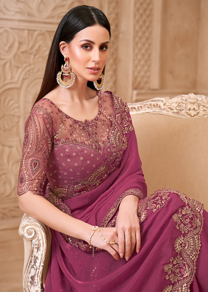 Buy Designer Style Rouge Pink Embroidered Wedding Saree Online in US, UK, Canada, France, Germany, Denmark, Belgium, Sweden, Spain, Qatar & Worldwide at Empress.