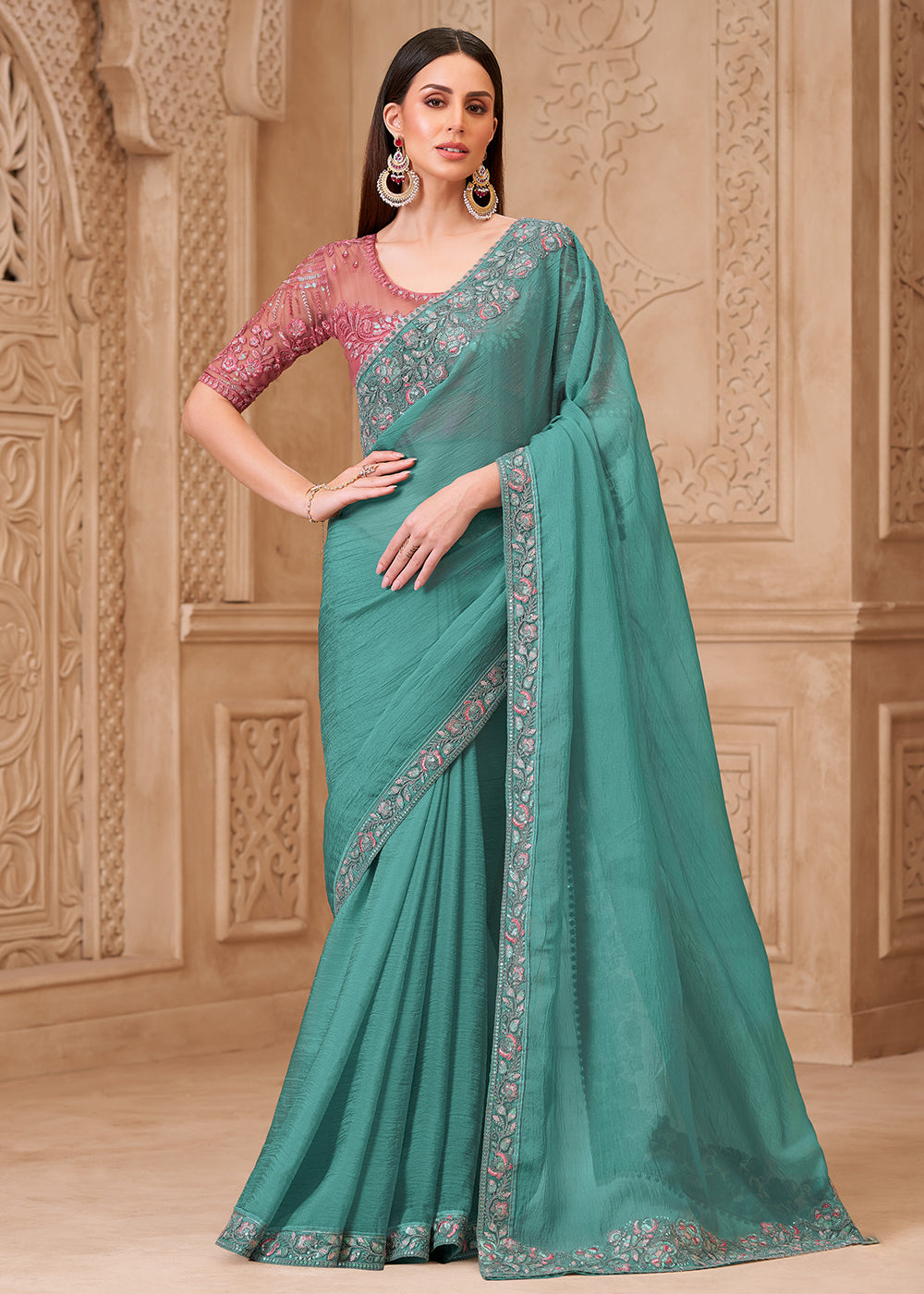 Buy Designer Style Teal Embroidered Wedding Saree Online in US, UK, Canada, France, Germany, Denmark, Belgium, Sweden, Spain, Qatar, UAE & Worldwide at Empress.