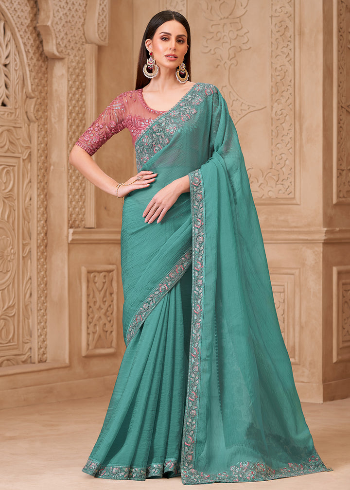 Buy Designer Style Teal Embroidered Wedding Saree Online in US, UK, Canada, France, Germany, Denmark, Belgium, Sweden, Spain, Qatar, UAE & Worldwide at Empress.