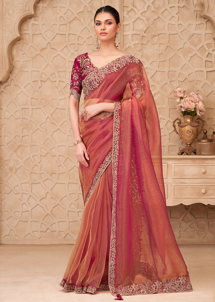 Buy Designer Style Rose Gold Embroidered Wedding Saree Online in US, UK, Canada, France, Germany, Denmark, Belgium, Sweden, Spain, Qatar & Worldwide at Empress.