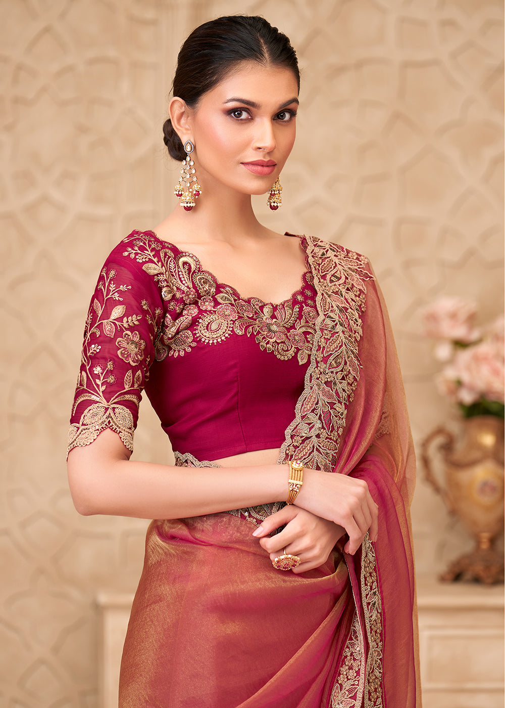 Buy Designer Style Rose Gold Embroidered Wedding Saree Online in US, UK, Canada, France, Germany, Denmark, Belgium, Sweden, Spain, Qatar & Worldwide at Empress.