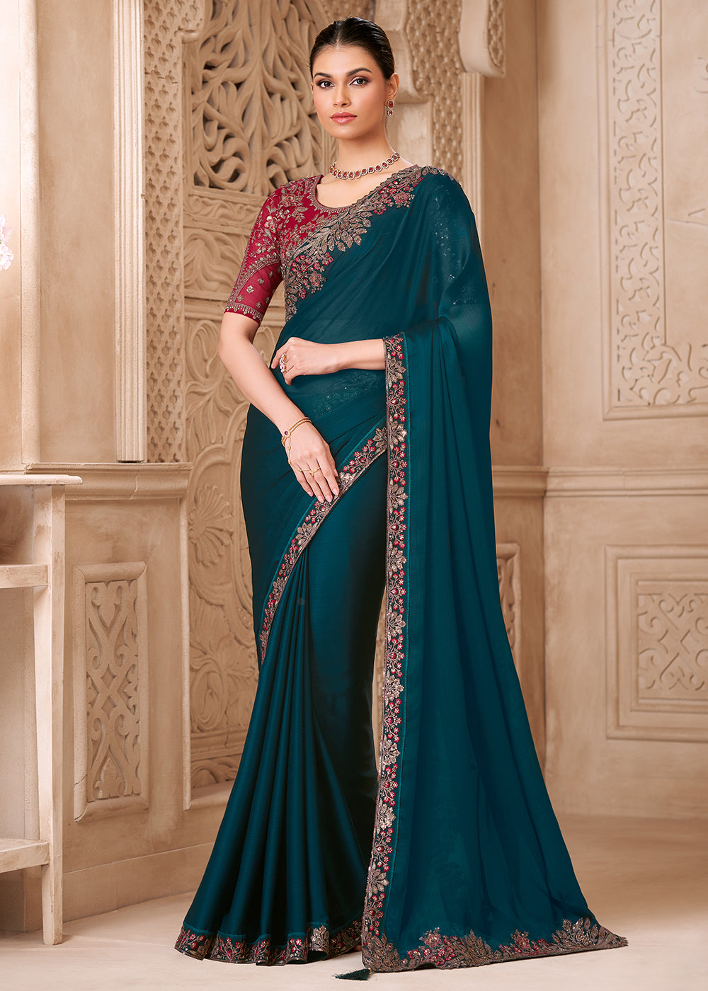 Buy Designer Style Peacock Blue Embroidered Wedding Saree Online in US, UK, Canada, France, Germany, Denmark, Belgium, Sweden, Spain  & Worldwide at Empress.