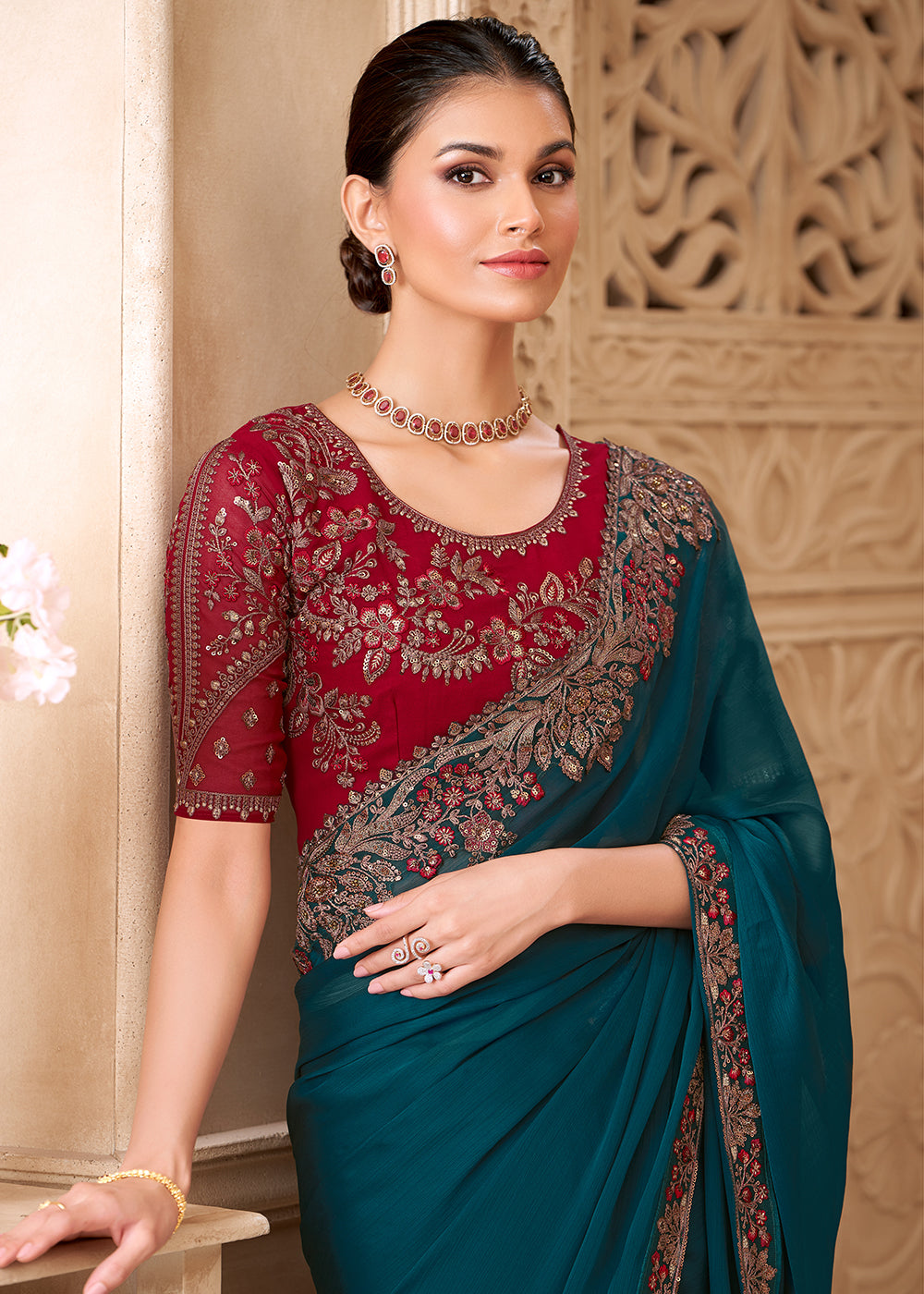 Buy Designer Style Peacock Blue Embroidered Wedding Saree Online in US, UK, Canada, France, Germany, Denmark, Belgium, Sweden, Spain  & Worldwide at Empress.