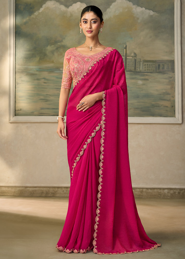 Buy Now Shinning Pink Embroidered Designer Party Wear Saree Online in US, UK, Canada, France, Germany, Denmark, Sweden, Italy, Greece &amp; Worldwide at Empress.