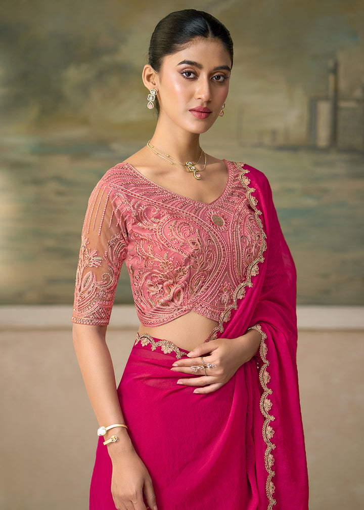 Buy Now Shinning Pink Embroidered Designer Party Wear Saree Online in US, UK, Canada, France, Germany, Denmark, Sweden, Italy, Greece &amp; Worldwide at Empress.