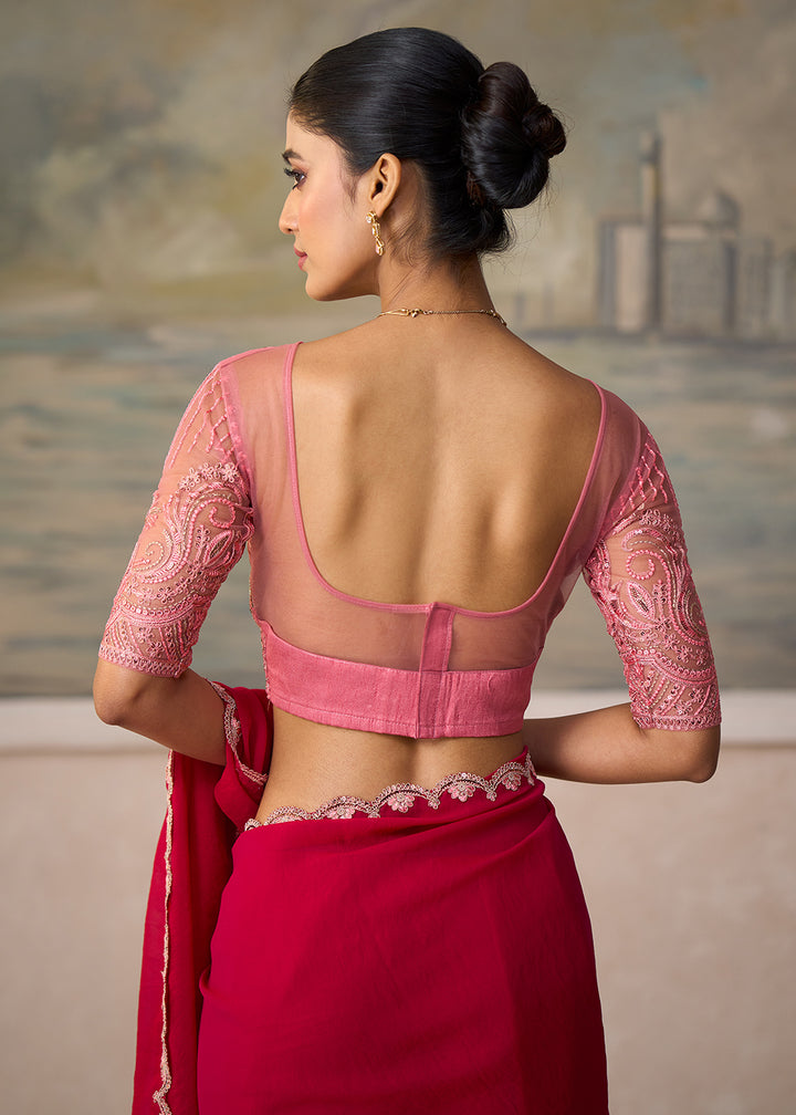 Buy Now Shinning Pink Embroidered Designer Party Wear Saree Online in US, UK, Canada, France, Germany, Denmark, Sweden, Italy, Greece &amp; Worldwide at Empress.
