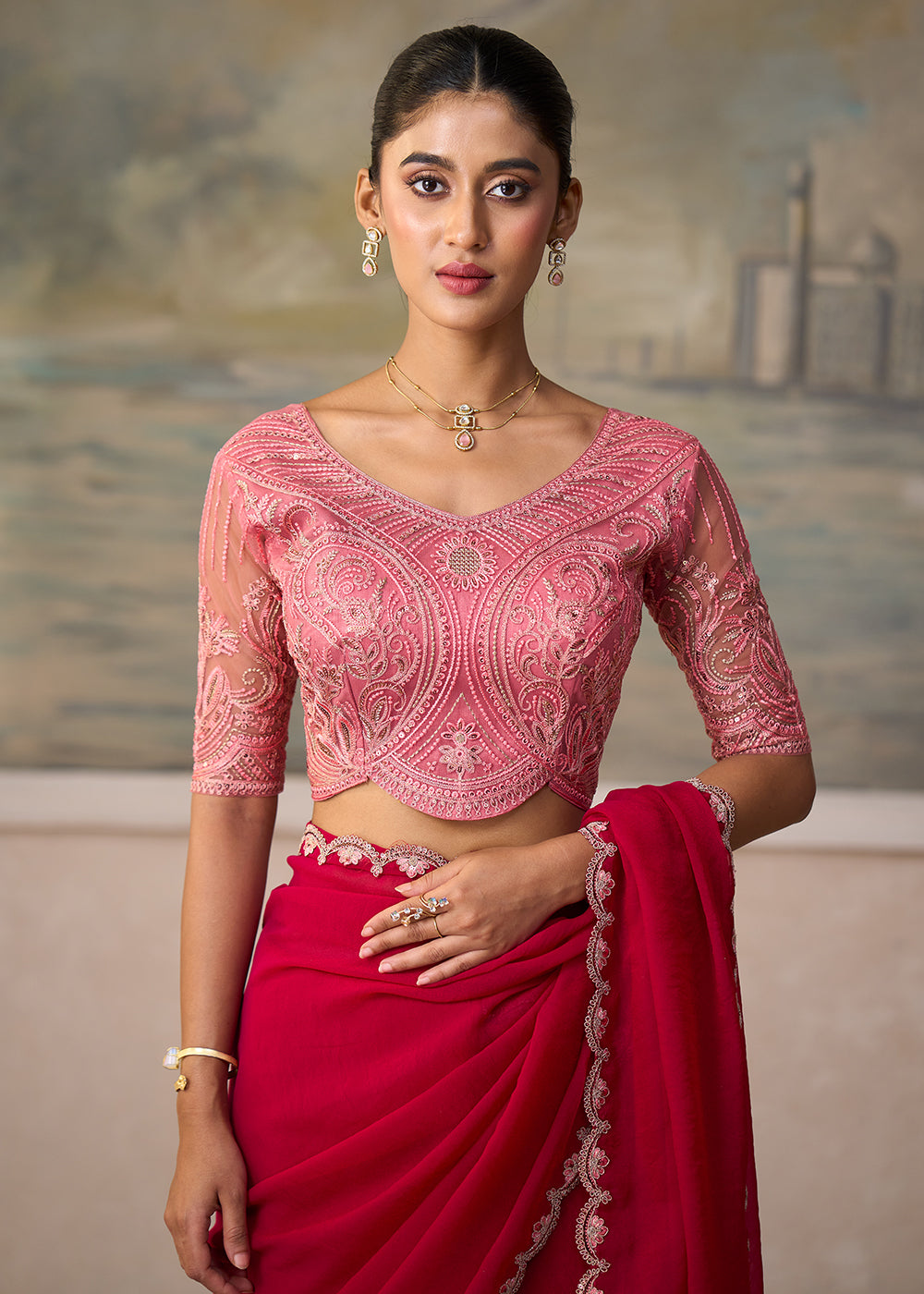 Buy Now Shinning Pink Embroidered Designer Party Wear Saree Online in US, UK, Canada, France, Germany, Denmark, Sweden, Italy, Greece &amp; Worldwide at Empress.
