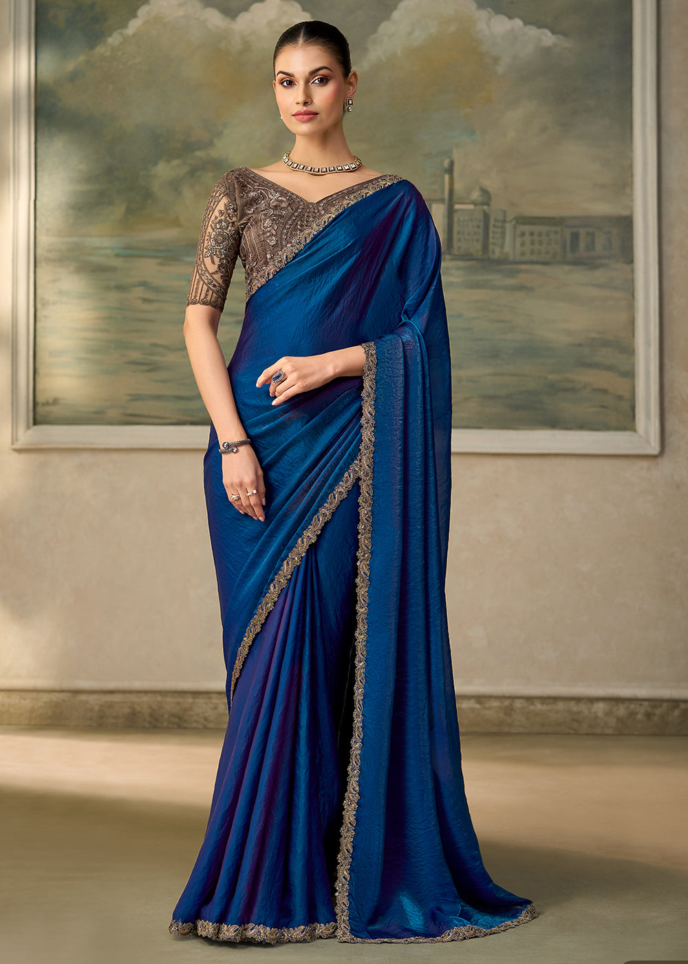 Buy Now Electric Blue Embroidered Designer Party Wear Saree Online in US, UK, Canada, France, Germany, Denmark, Sweden, Italy, Greece &amp; Worldwide at Empress.