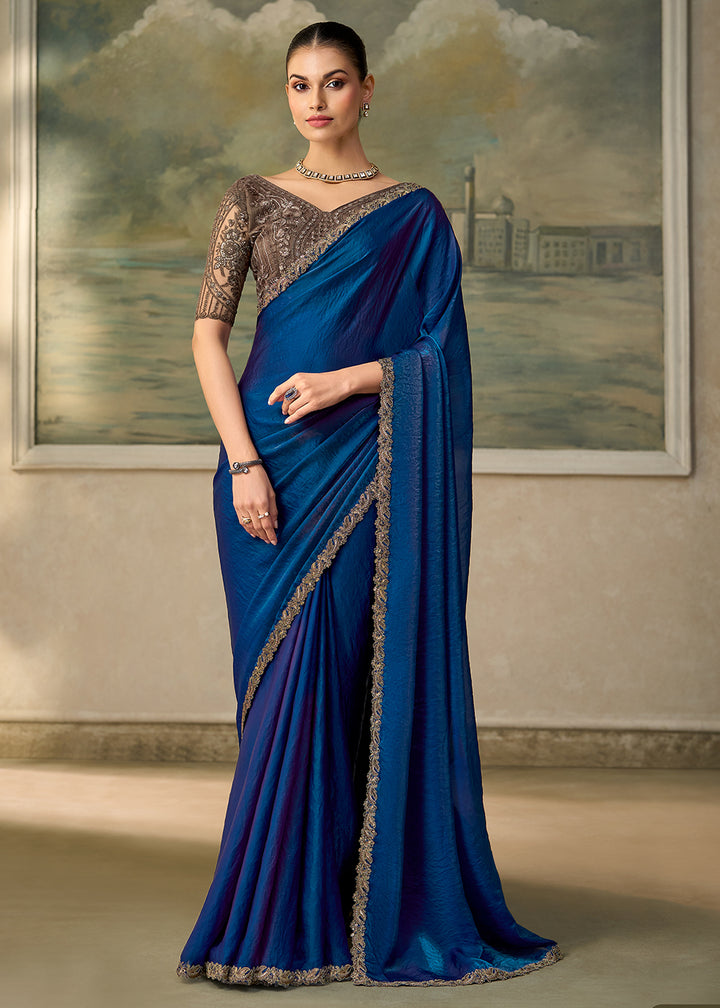 Buy Now Electric Blue Embroidered Designer Party Wear Saree Online in US, UK, Canada, France, Germany, Denmark, Sweden, Italy, Greece &amp; Worldwide at Empress.
