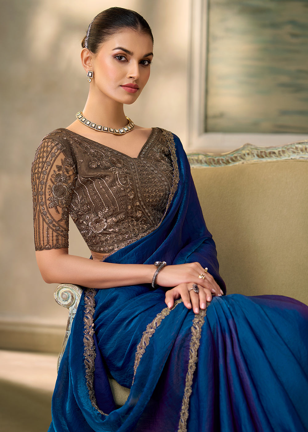 Buy Now Electric Blue Embroidered Designer Party Wear Saree Online in US, UK, Canada, France, Germany, Denmark, Sweden, Italy, Greece & Worldwide at Empress.