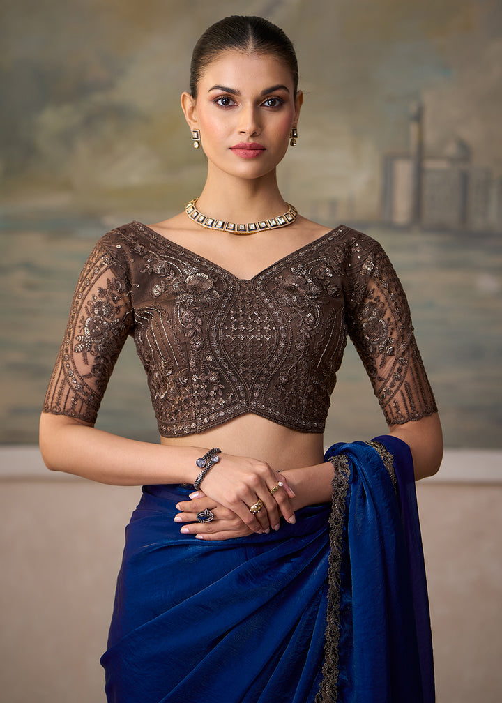 Buy Now Electric Blue Embroidered Designer Party Wear Saree Online in US, UK, Canada, France, Germany, Denmark, Sweden, Italy, Greece &amp; Worldwide at Empress.