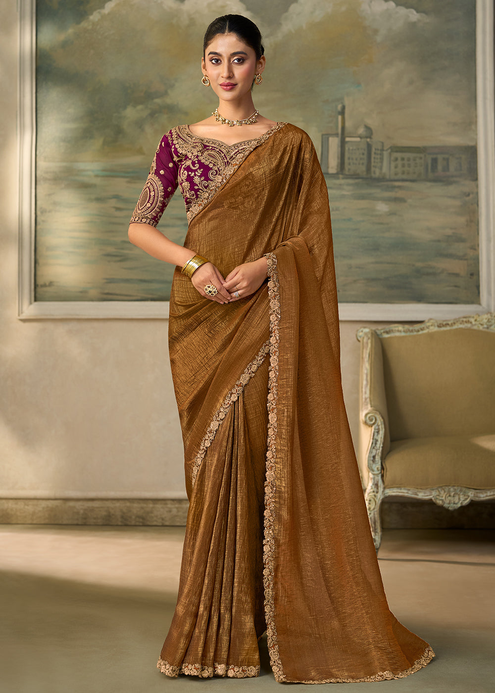 Buy Now Golden Chikoo Embroidered Designer Party Wear Saree Online in US, UK, Canada, France, Germany, Denmark, Sweden, Italy, Greece &amp; Worldwide at Empress.
