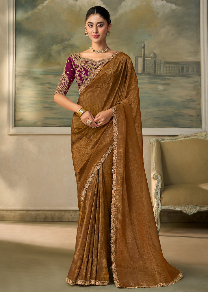 Buy Now Golden Chikoo Embroidered Designer Party Wear Saree Online in US, UK, Canada, France, Germany, Denmark, Sweden, Italy, Greece &amp; Worldwide at Empress.