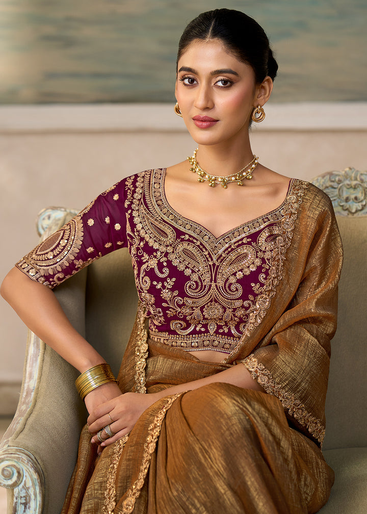 Buy Now Golden Chikoo Embroidered Designer Party Wear Saree Online in US, UK, Canada, France, Germany, Denmark, Sweden, Italy, Greece &amp; Worldwide at Empress.
