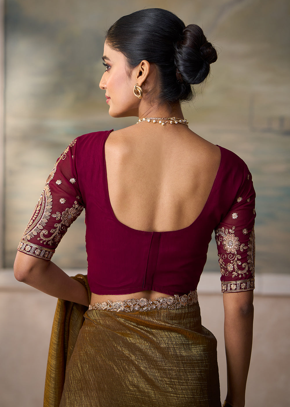 Buy Now Golden Chikoo Embroidered Designer Party Wear Saree Online in US, UK, Canada, France, Germany, Denmark, Sweden, Italy, Greece &amp; Worldwide at Empress.