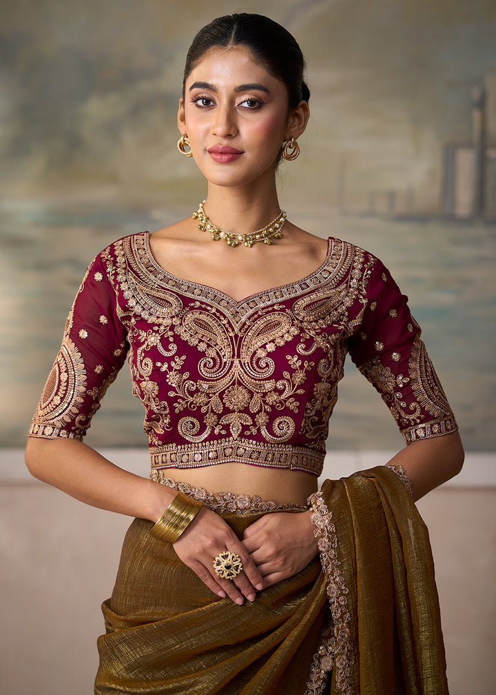 Buy Now Golden Chikoo Embroidered Designer Party Wear Saree Online in US, UK, Canada, France, Germany, Denmark, Sweden, Italy, Greece &amp; Worldwide at Empress.