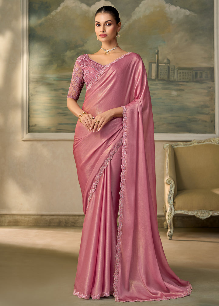 Buy Now Shimmer Pink Embroidered Designer Party Wear Saree Online in US, UK, Canada, France, Germany, Denmark, Sweden, Italy, Greece &amp; Worldwide at Empress.
