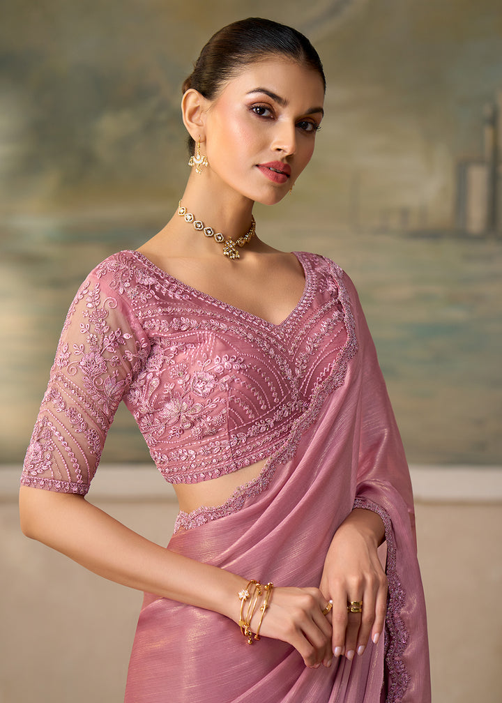 Buy Now Shimmer Pink Embroidered Designer Party Wear Saree Online in US, UK, Canada, France, Germany, Denmark, Sweden, Italy, Greece &amp; Worldwide at Empress.