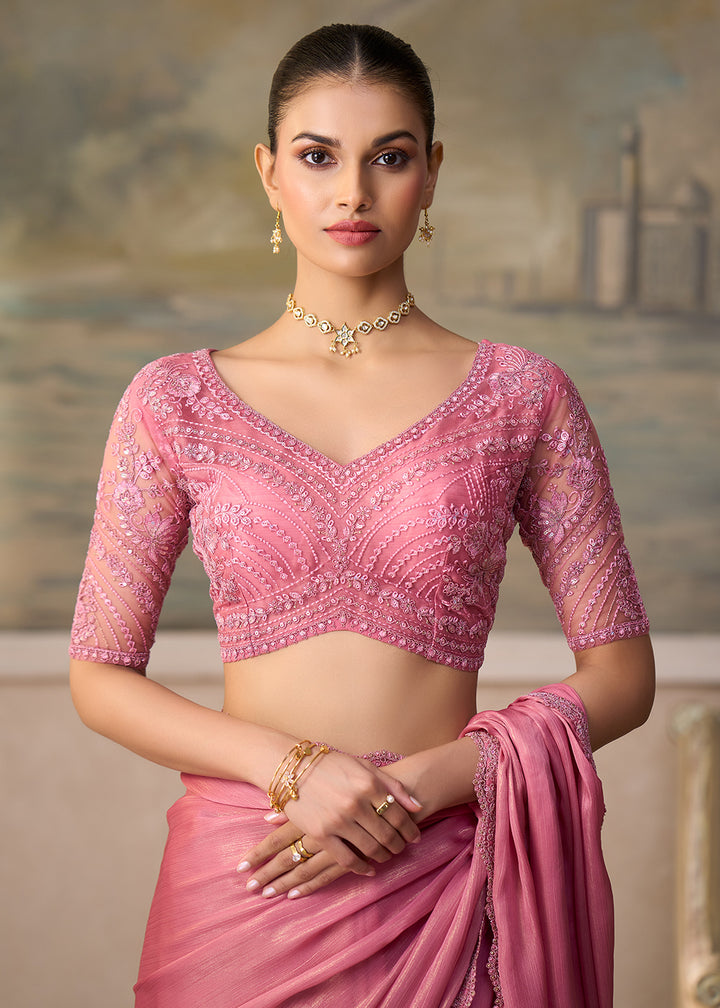 Buy Now Shimmer Pink Embroidered Designer Party Wear Saree Online in US, UK, Canada, France, Germany, Denmark, Sweden, Italy, Greece &amp; Worldwide at Empress.
