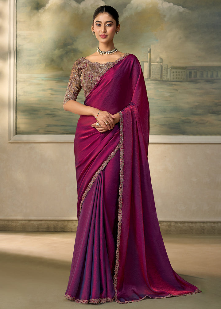 Buy Now Electric Wine Embroidered Designer Party Wear Saree Online in US, UK, Canada, France, Germany, Denmark, Sweden, Italy, Greece &amp; Worldwide at Empress.