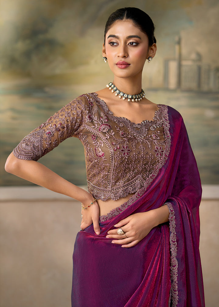 Buy Now Electric Wine Embroidered Designer Party Wear Saree Online in US, UK, Canada, France, Germany, Denmark, Sweden, Italy, Greece &amp; Worldwide at Empress.
