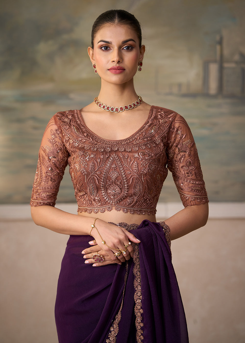 Buy Now Electric Wine Embroidered Designer Party Wear Saree Online in US, UK, Canada, France, Germany, Denmark, Sweden, Italy, Greece &amp; Worldwide at Empress.