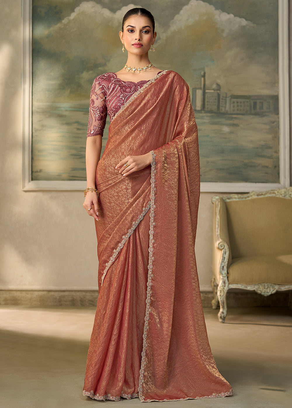 Buy Now Rusty Chickoo Embroidered Designer Party Wear Saree Online in US, UK, Canada, France, Germany, Denmark, Sweden, Italy, Greece &amp; Worldwide at Empress.