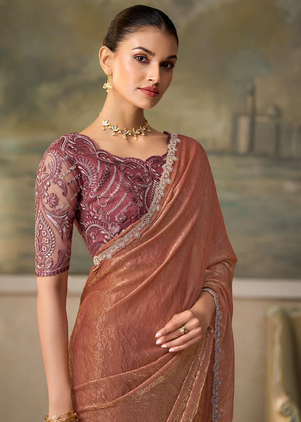 Buy Now Rusty Chickoo Embroidered Designer Party Wear Saree Online in US, UK, Canada, France, Germany, Denmark, Sweden, Italy, Greece & Worldwide at Empress.