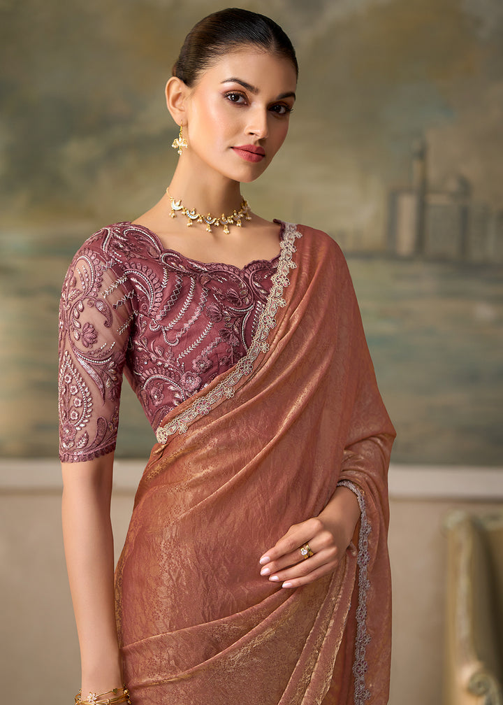 Buy Now Rusty Chickoo Embroidered Designer Party Wear Saree Online in US, UK, Canada, France, Germany, Denmark, Sweden, Italy, Greece &amp; Worldwide at Empress.