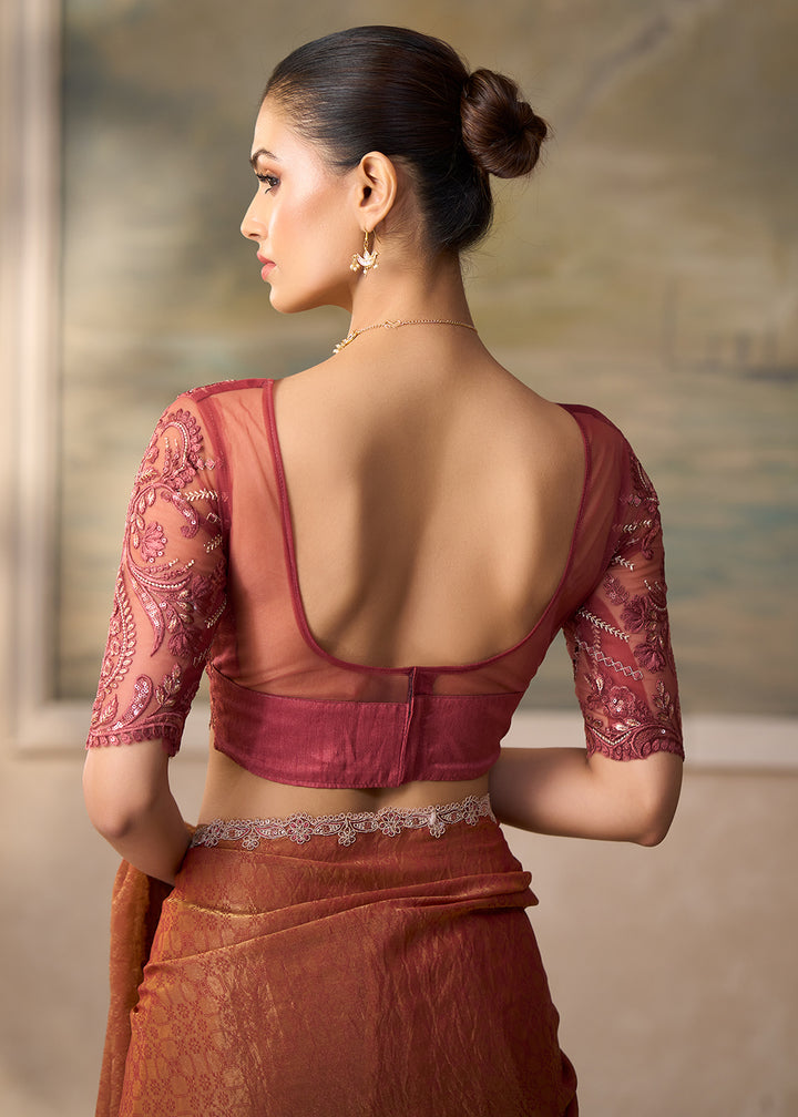 Buy Now Rusty Chickoo Embroidered Designer Party Wear Saree Online in US, UK, Canada, France, Germany, Denmark, Sweden, Italy, Greece &amp; Worldwide at Empress.