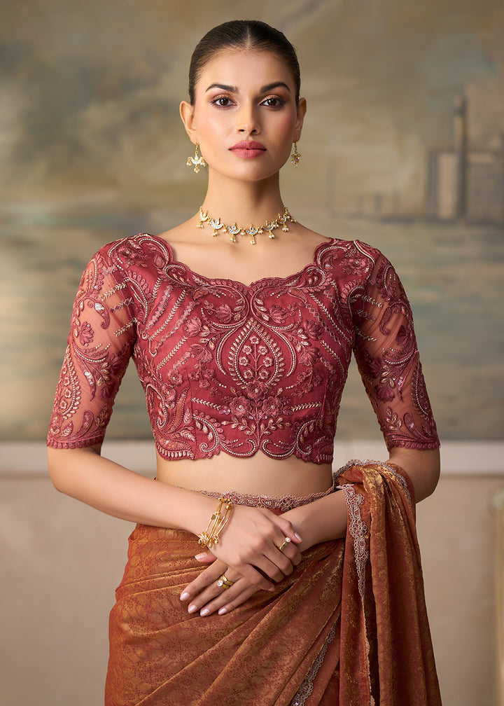 Buy Now Rusty Chickoo Embroidered Designer Party Wear Saree Online in US, UK, Canada, France, Germany, Denmark, Sweden, Italy, Greece &amp; Worldwide at Empress.