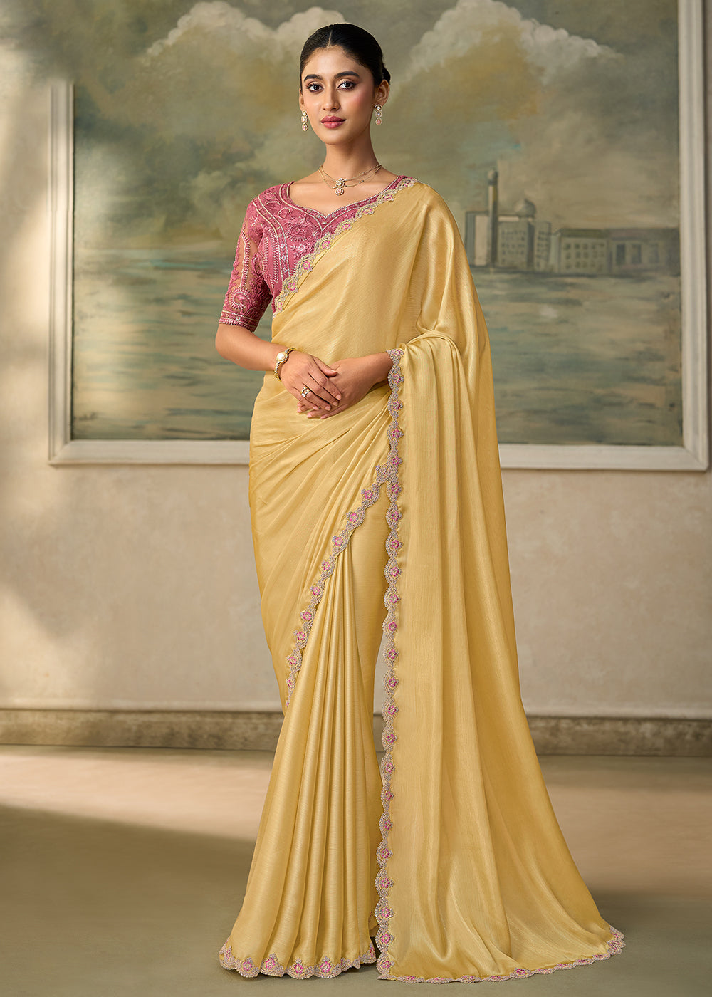 Buy Now Shimmer Yellow Embroidered Designer Party Wear Saree Online in US, UK, Canada, France, Germany, Denmark, Sweden, Italy, Greece &amp; Worldwide at Empress.
