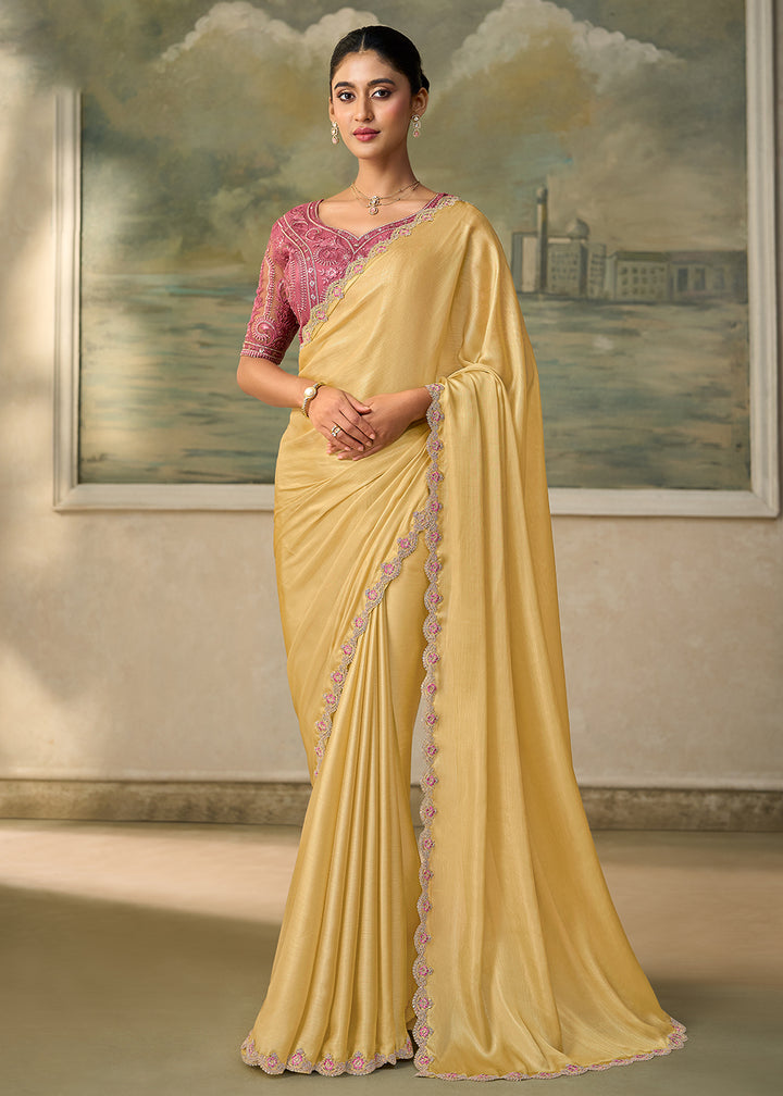Buy Now Shimmer Yellow Embroidered Designer Party Wear Saree Online in US, UK, Canada, France, Germany, Denmark, Sweden, Italy, Greece &amp; Worldwide at Empress.