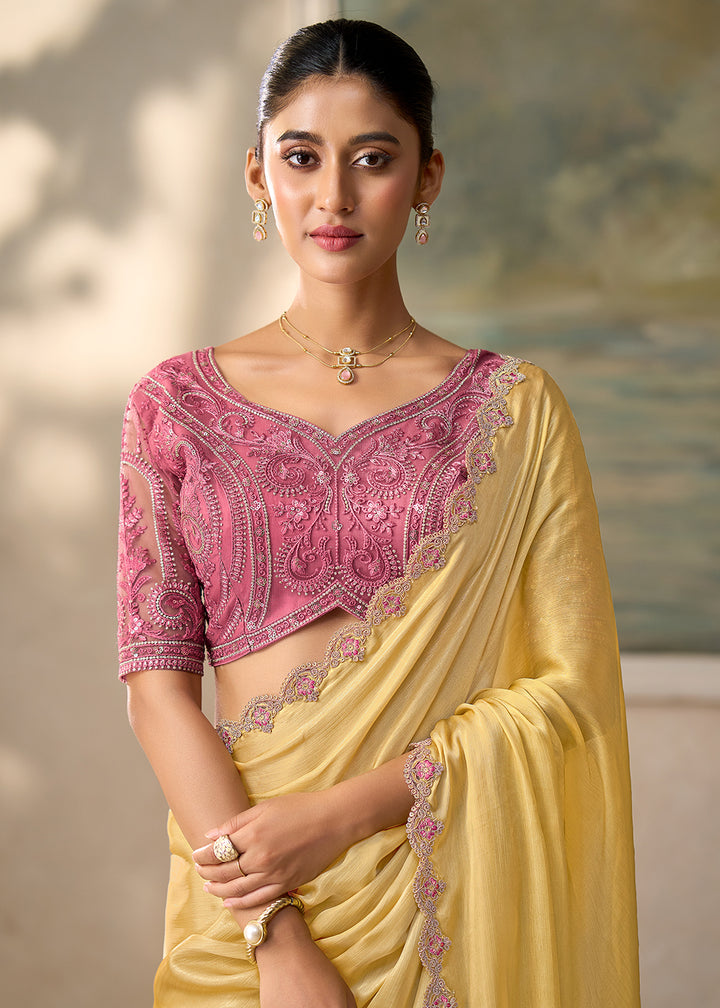 Buy Now Shimmer Yellow Embroidered Designer Party Wear Saree Online in US, UK, Canada, France, Germany, Denmark, Sweden, Italy, Greece &amp; Worldwide at Empress.