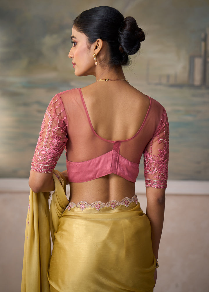 Buy Now Shimmer Yellow Embroidered Designer Party Wear Saree Online in US, UK, Canada, France, Germany, Denmark, Sweden, Italy, Greece &amp; Worldwide at Empress.