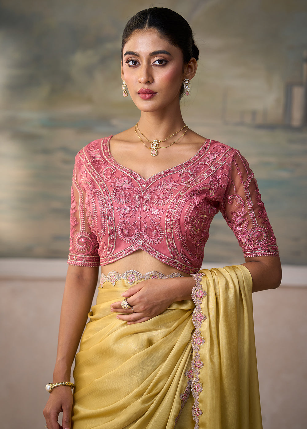 Buy Now Shimmer Yellow Embroidered Designer Party Wear Saree Online in US, UK, Canada, France, Germany, Denmark, Sweden, Italy, Greece &amp; Worldwide at Empress.