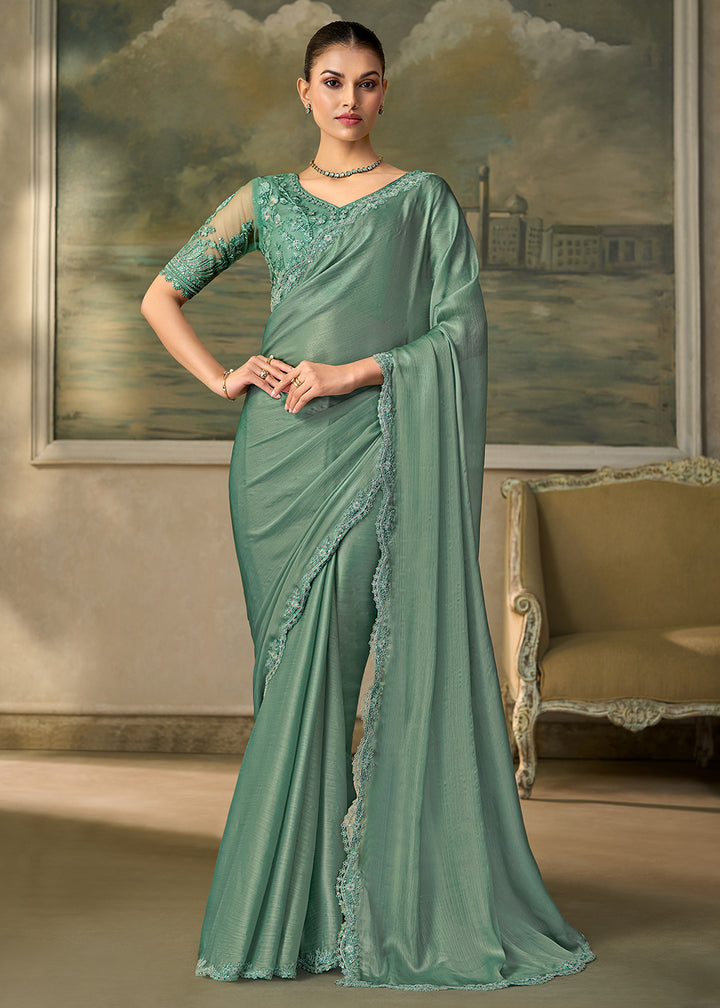 Buy Now Shimmer Green Embroidered Designer Party Wear Saree Online in US, UK, Canada, France, Germany, Denmark, Sweden, Italy, Greece &amp; Worldwide at Empress.