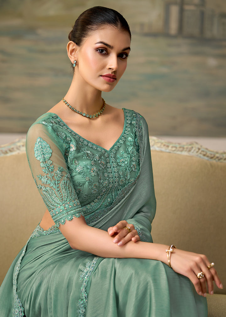 Buy Now Shimmer Green Embroidered Designer Party Wear Saree Online in US, UK, Canada, France, Germany, Denmark, Sweden, Italy, Greece &amp; Worldwide at Empress.