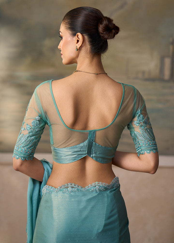 Buy Now Shimmer Green Embroidered Designer Party Wear Saree Online in US, UK, Canada, France, Germany, Denmark, Sweden, Italy, Greece &amp; Worldwide at Empress.