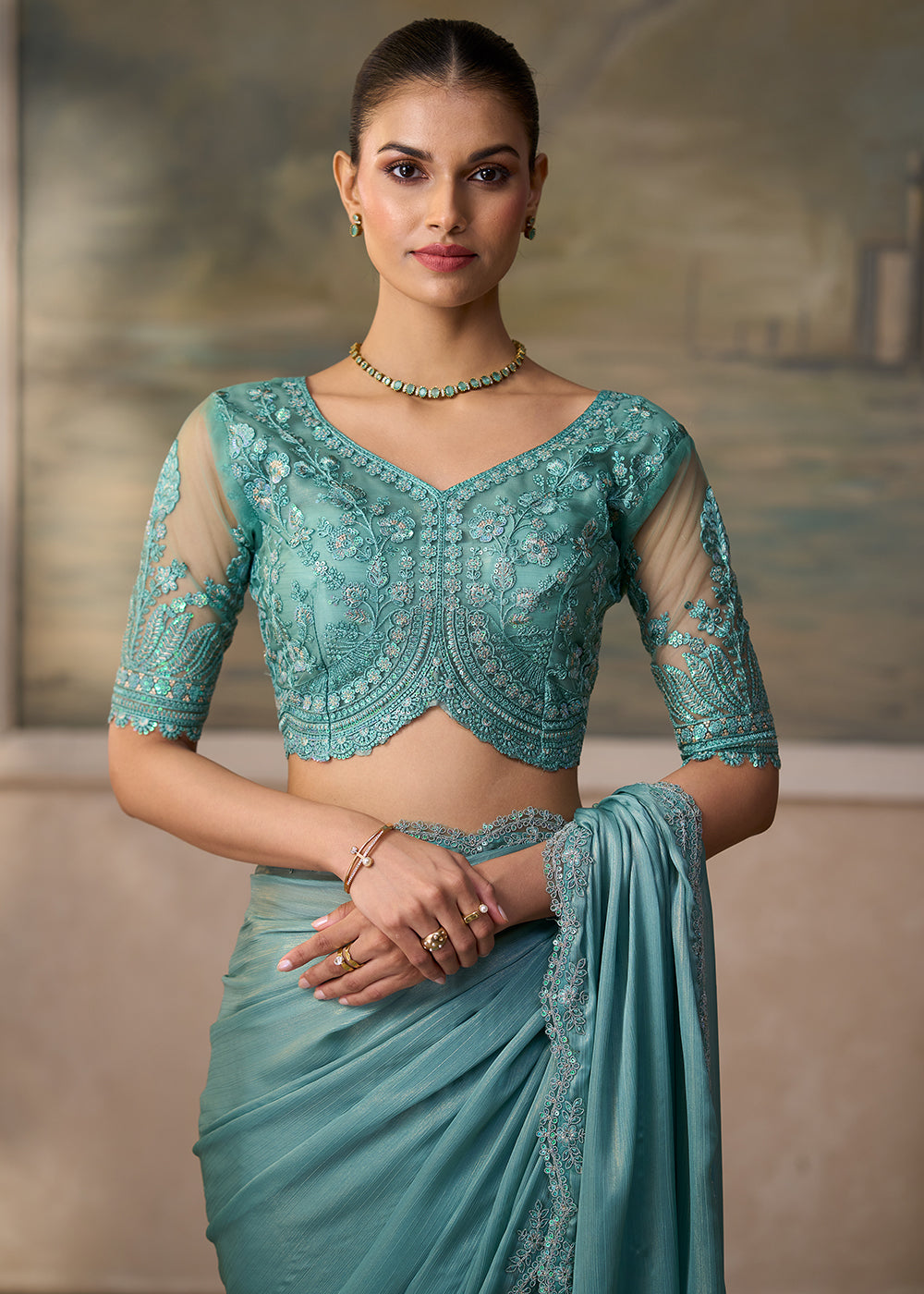 Buy Now Shimmer Green Embroidered Designer Party Wear Saree Online in US, UK, Canada, France, Germany, Denmark, Sweden, Italy, Greece &amp; Worldwide at Empress.
