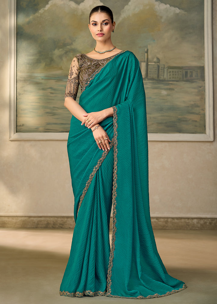 Buy Now Teal Green Embroidered Designer Party Wear Saree Online in US, UK, Canada, France, Germany, Denmark, Sweden, Italy, Greece &amp; Worldwide at Empress.