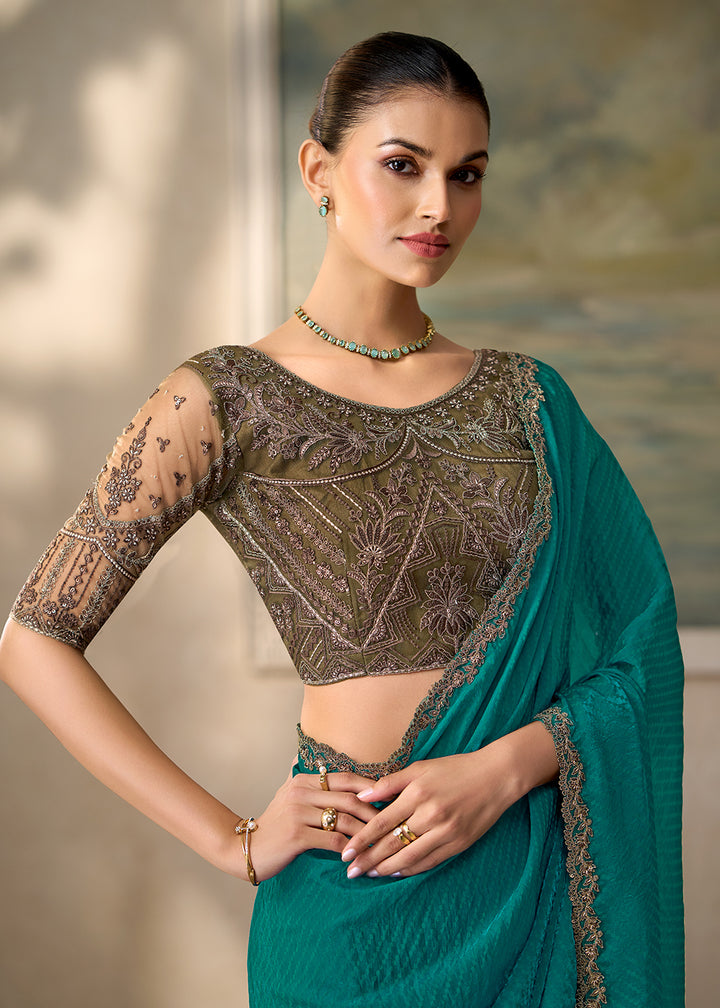 Buy Now Teal Green Embroidered Designer Party Wear Saree Online in US, UK, Canada, France, Germany, Denmark, Sweden, Italy, Greece &amp; Worldwide at Empress.