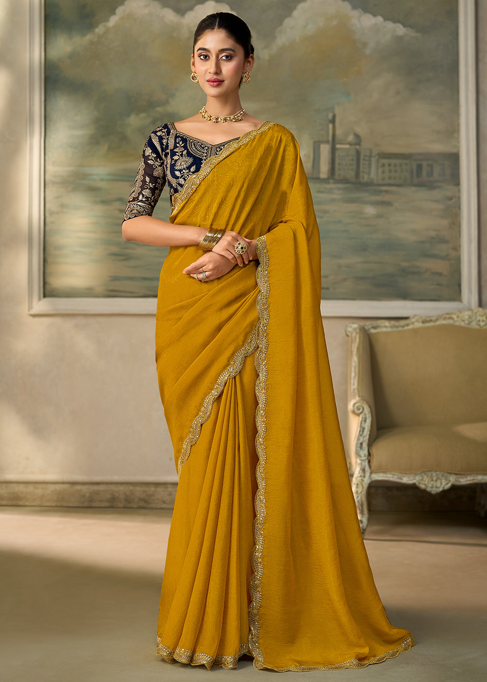 Buy Now Olive Yellow Embroidered Designer Party Wear Saree Online in US, UK, Canada, France, Germany, Denmark, Sweden, Italy, Greece &amp; Worldwide at Empress.