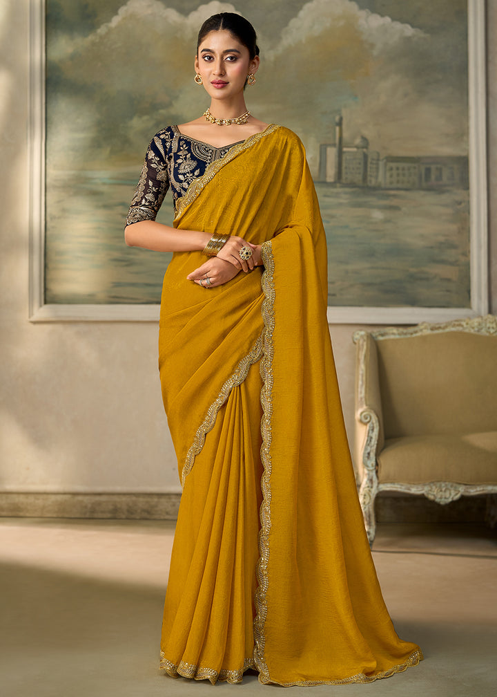 Buy Now Olive Yellow Embroidered Designer Party Wear Saree Online in US, UK, Canada, France, Germany, Denmark, Sweden, Italy, Greece &amp; Worldwide at Empress.