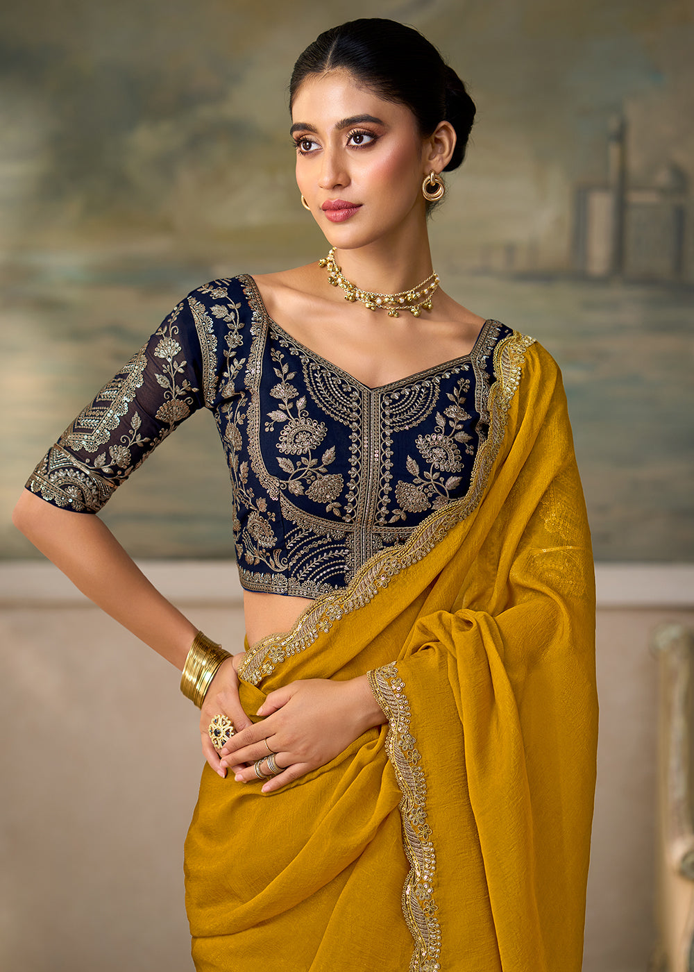 Buy Now Olive Yellow Embroidered Designer Party Wear Saree Online in US, UK, Canada, France, Germany, Denmark, Sweden, Italy, Greece &amp; Worldwide at Empress.