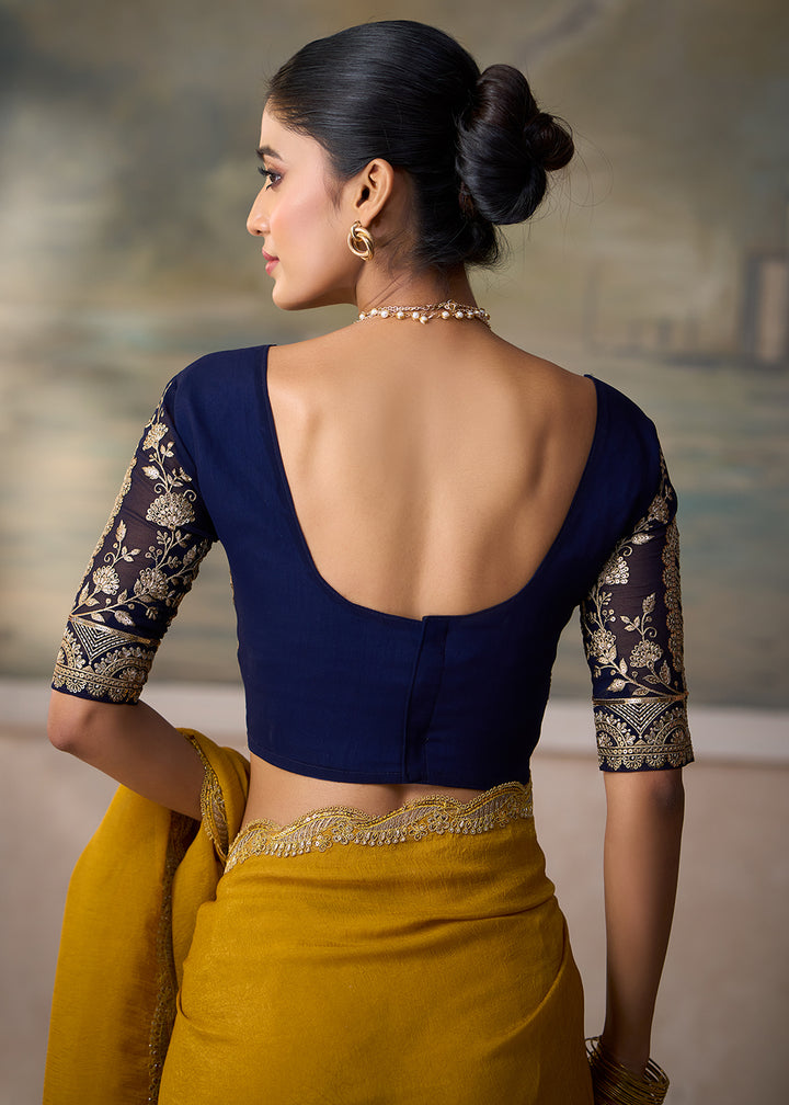 Buy Now Olive Yellow Embroidered Designer Party Wear Saree Online in US, UK, Canada, France, Germany, Denmark, Sweden, Italy, Greece &amp; Worldwide at Empress.