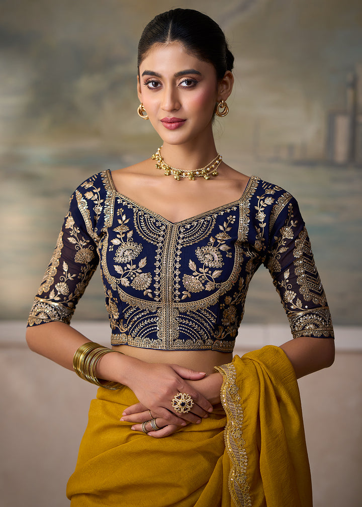 Buy Now Olive Yellow Embroidered Designer Party Wear Saree Online in US, UK, Canada, France, Germany, Denmark, Sweden, Italy, Greece &amp; Worldwide at Empress.