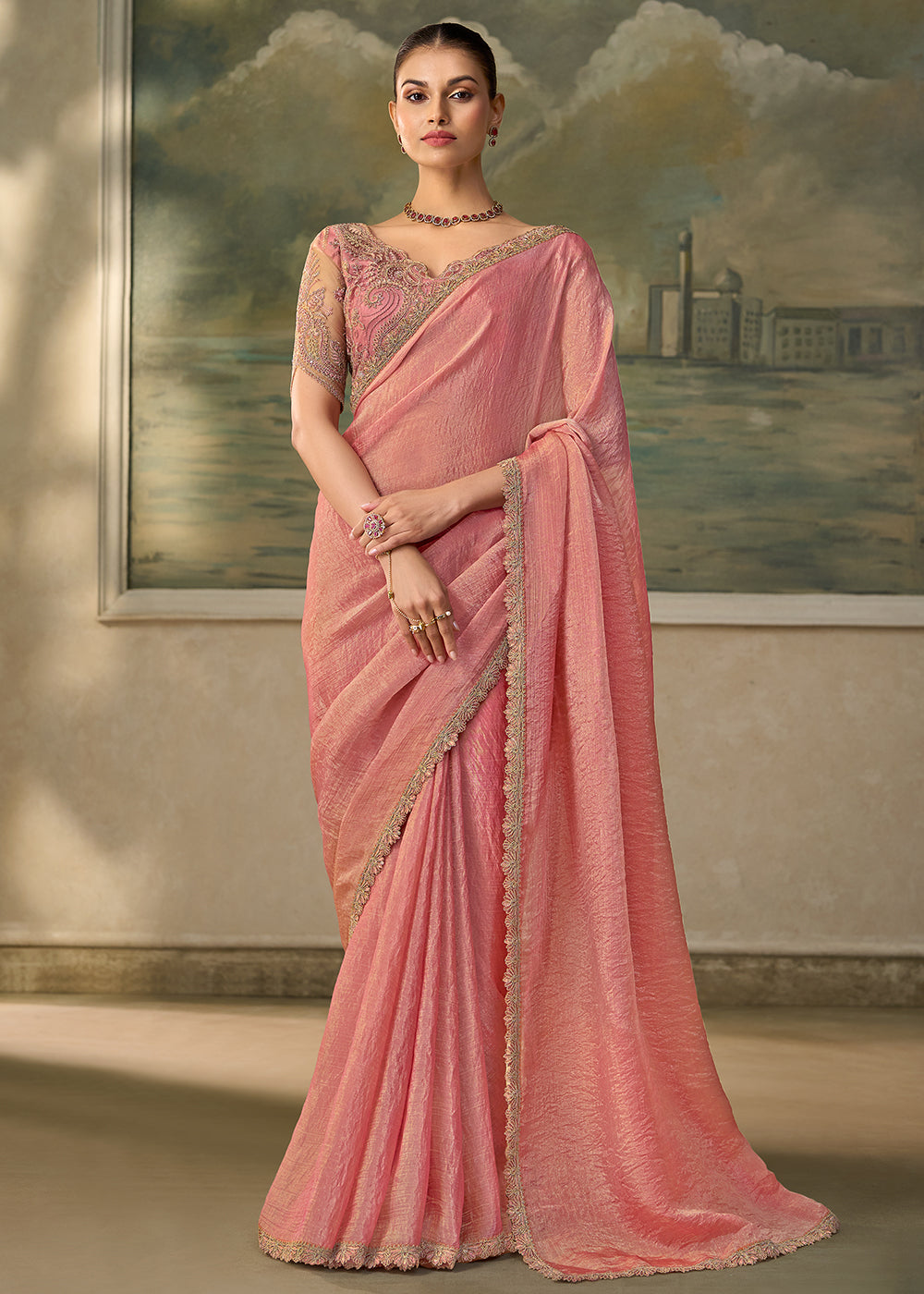 Buy Now Peach Pink Embroidered Designer Party Wear Saree Online in US, UK, Canada, France, Germany, Denmark, Sweden, Italy, Greece &amp; Worldwide at Empress.